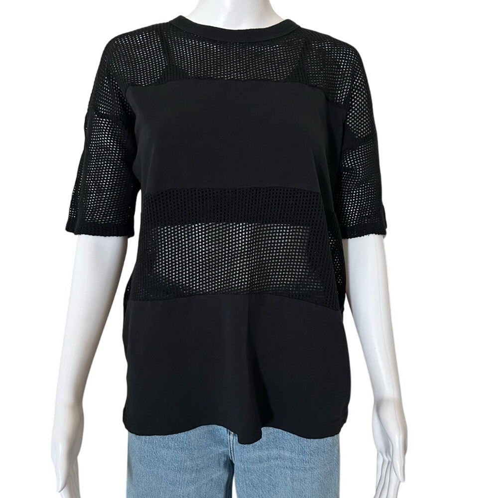 American Apparel Black Knit Mesh Panel Crew Neck Cotton Short Sleeve T-Shirt - S